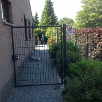Staalmatpanelen type 6/5/6mm, Hoogte 183cm (RAL 7016) met Enkel draaipoort Staalmatpanelen type 6/5/6mm, Hoogte 183cm (RAL 7016) met Enkel draaipoort - LM Hekwerk bvba